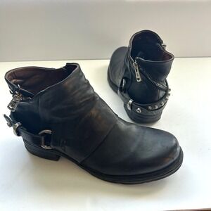 AS 98 Air Step Steve Black Leather Studded Moto Biker Ankle Zip Booties 37 6.5